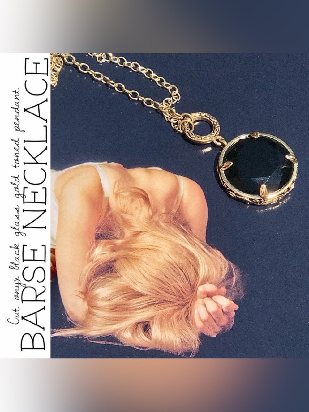 Barse Onyx Black Cut Glass Gold Hued Pendant Necklace